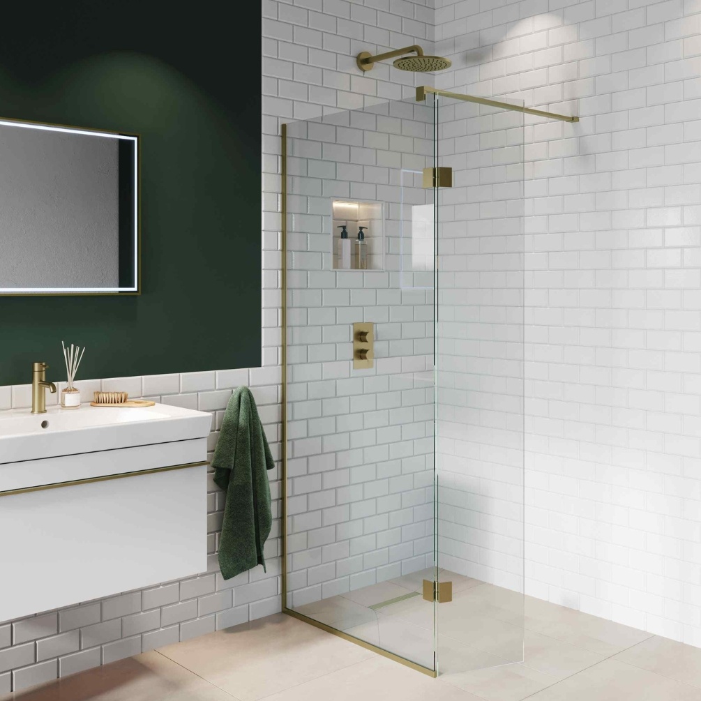 Lifestyle image of the Abacus Brushed Brass 900mm Wetroom Screen with Wall Support Bar & Deflector Panel